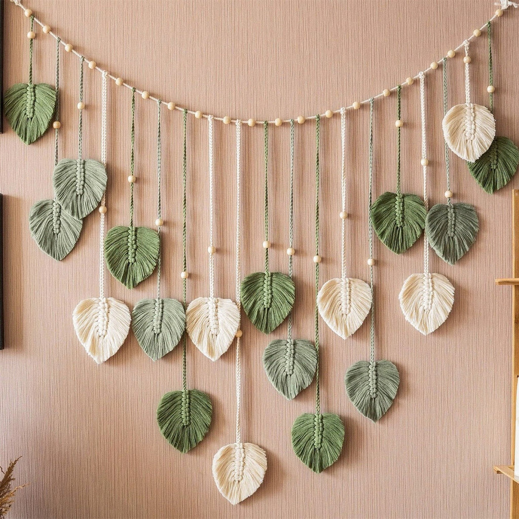 VerdantWeave | Boho Macrame Bladeren Slinger - Boven bed & woondecoratie