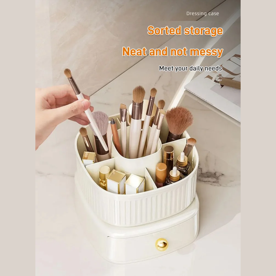 BrushHalo | Make-upborstelhouder met dubbele draai – Stijlvolle cosmetica-opbergruimte met meerdere lades