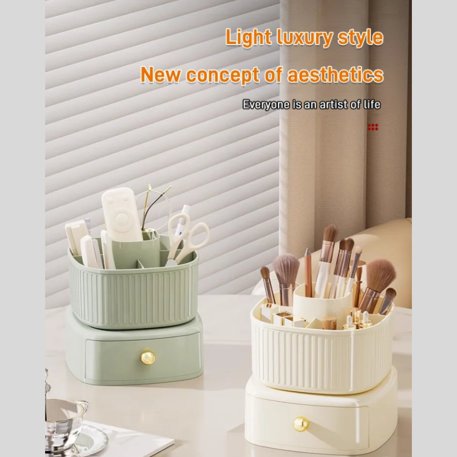 BrushHalo | Make-upborstelhouder met dubbele draai – Stijlvolle cosmetica-opbergruimte met meerdere lades