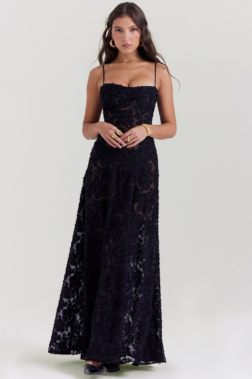 Elurea | Elegante maxi-jurk voor dames – Romantische, doorschijnende jurk met bloemenprint
