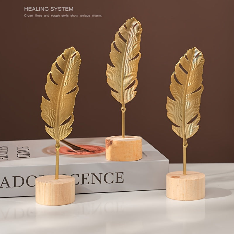 IronBliss | Scandinavisch Metalen Blad Kunstbeeldhouwwerk met Houten Voet - Creatief Huisdecor