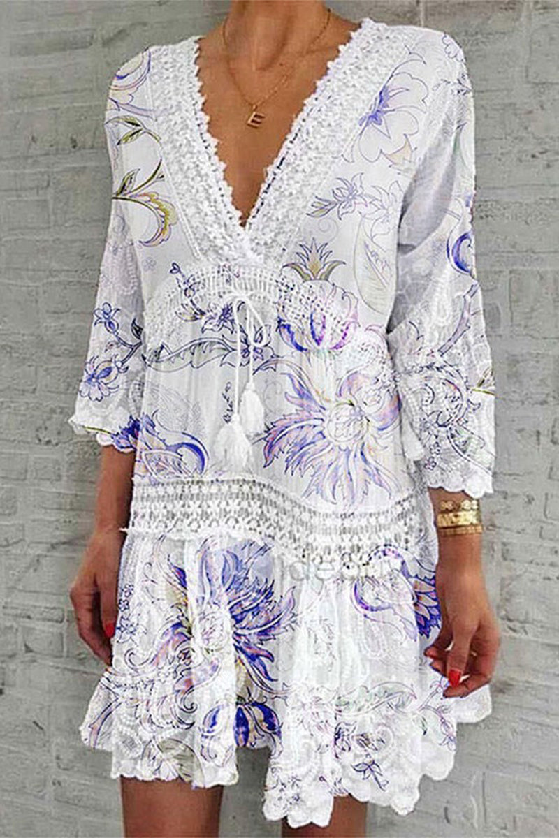 Enya | Chique bloemen V-hals jurk voor dames – elegante geplooide midi jurk