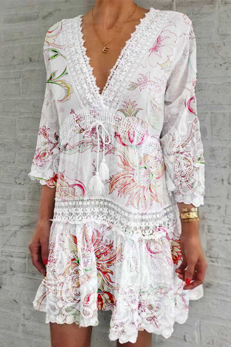 Enya | Chique bloemen V-hals jurk voor dames – elegante geplooide midi jurk