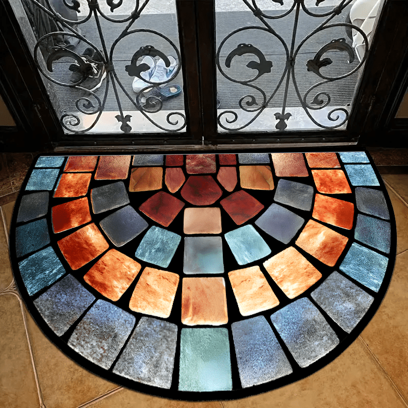 MosaicStep | Halve cirkelvormige antislip deurmat – glas-in-loodontwerp, dik zacht polyester tapijt