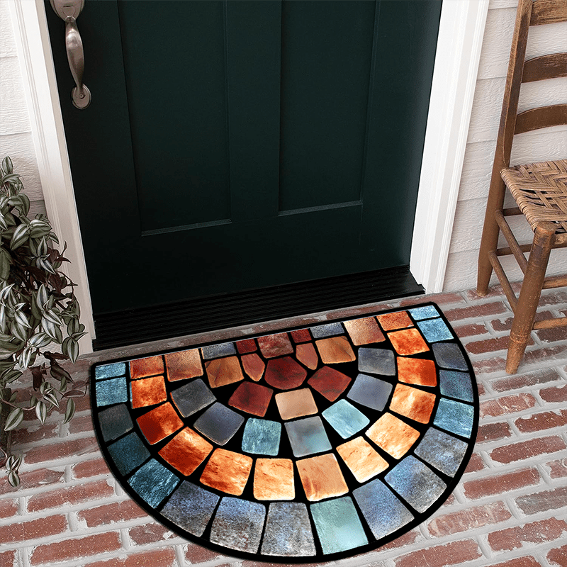 MosaicStep | Halve cirkelvormige antislip deurmat – glas-in-loodontwerp, dik zacht polyester tapijt