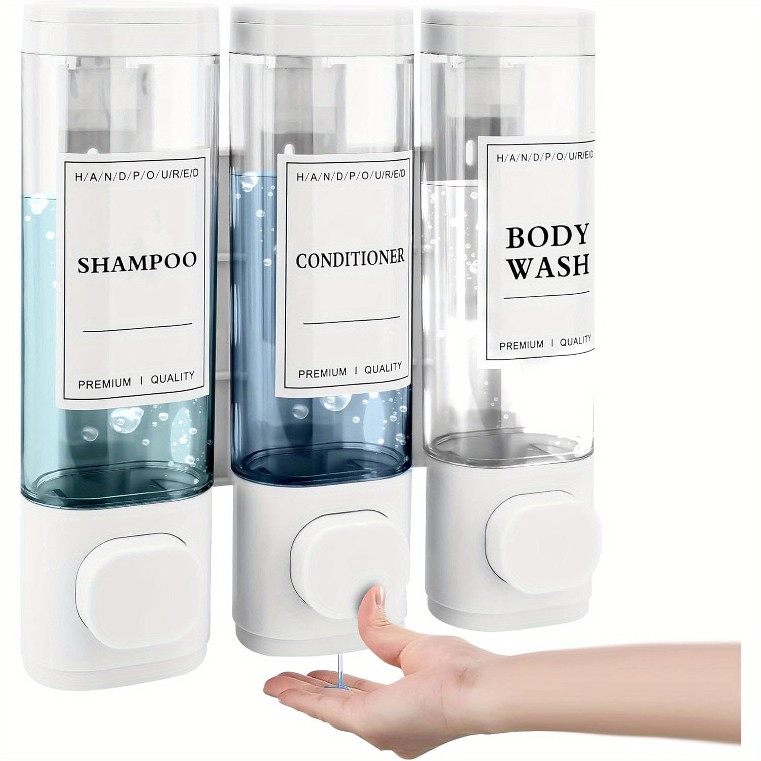 Hygiena | Wandgemonteerde zeep-, shampoo- en conditionerdispenser – 3 kamers 300 ml