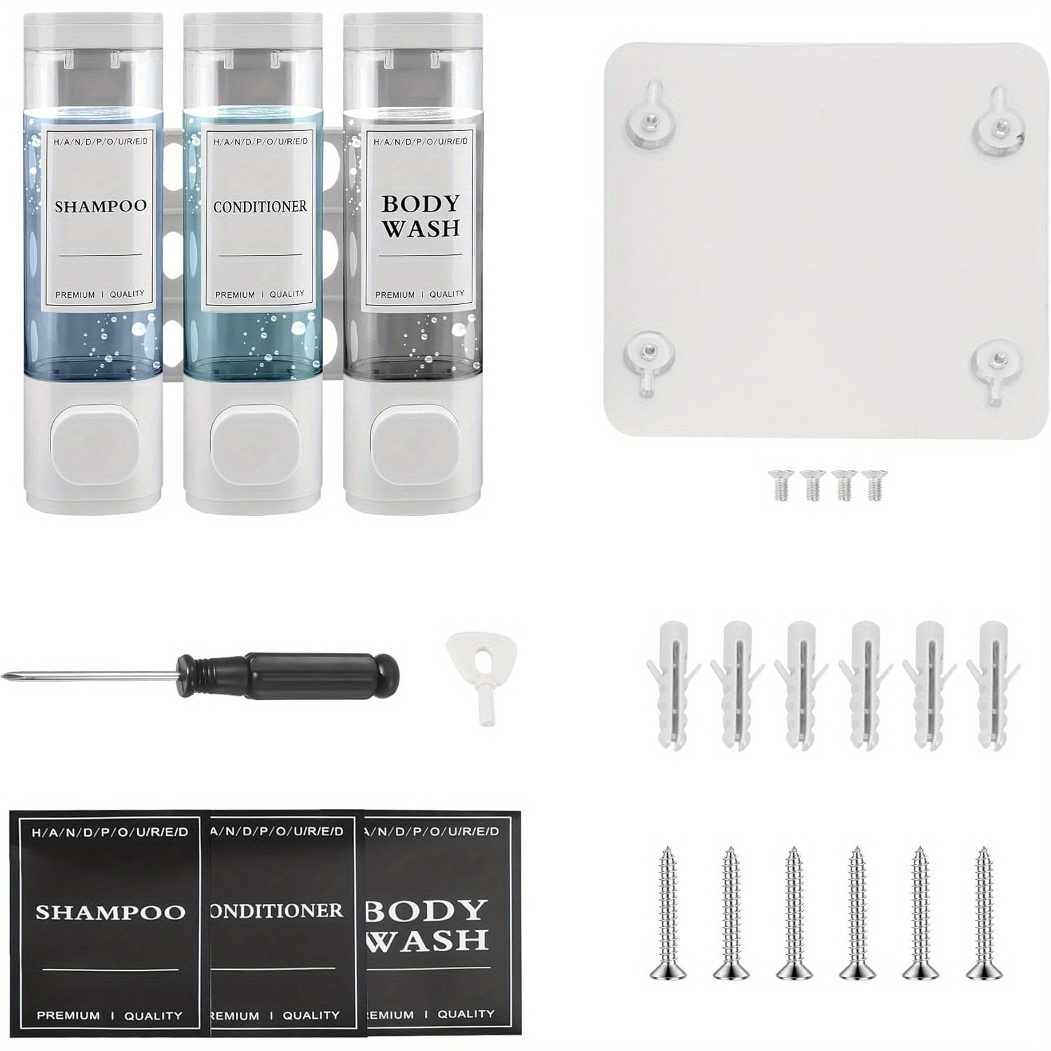 Hygiena | Wandgemonteerde zeep-, shampoo- en conditionerdispenser – 3 kamers 300 ml