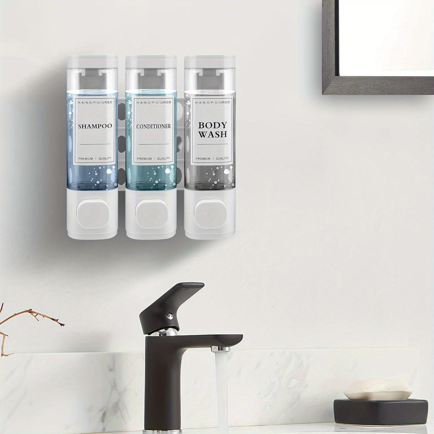 Hygiena | Wandgemonteerde zeep-, shampoo- en conditionerdispenser – 3 kamers 300 ml
