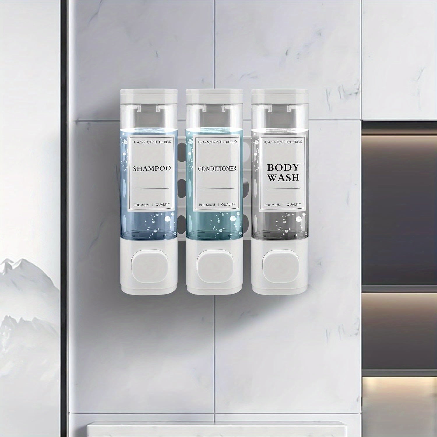 Hygiena | Wandgemonteerde zeep-, shampoo- en conditionerdispenser – 3 kamers 300 ml