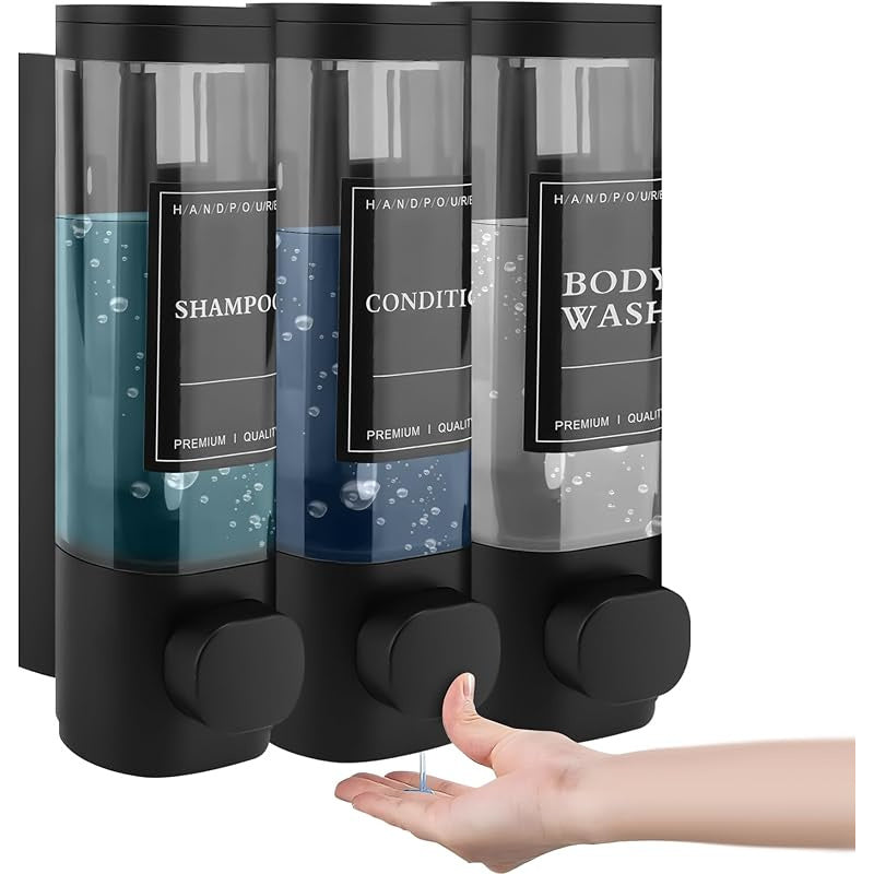 Hygiena | Wandgemonteerde zeep-, shampoo- en conditionerdispenser – 3 kamers 300 ml