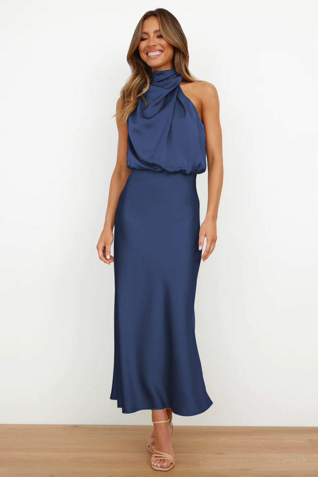 Ayra | Dames satijnen halternek midi-jurk – mouwloze elegante bodycon avond- en feestjurk