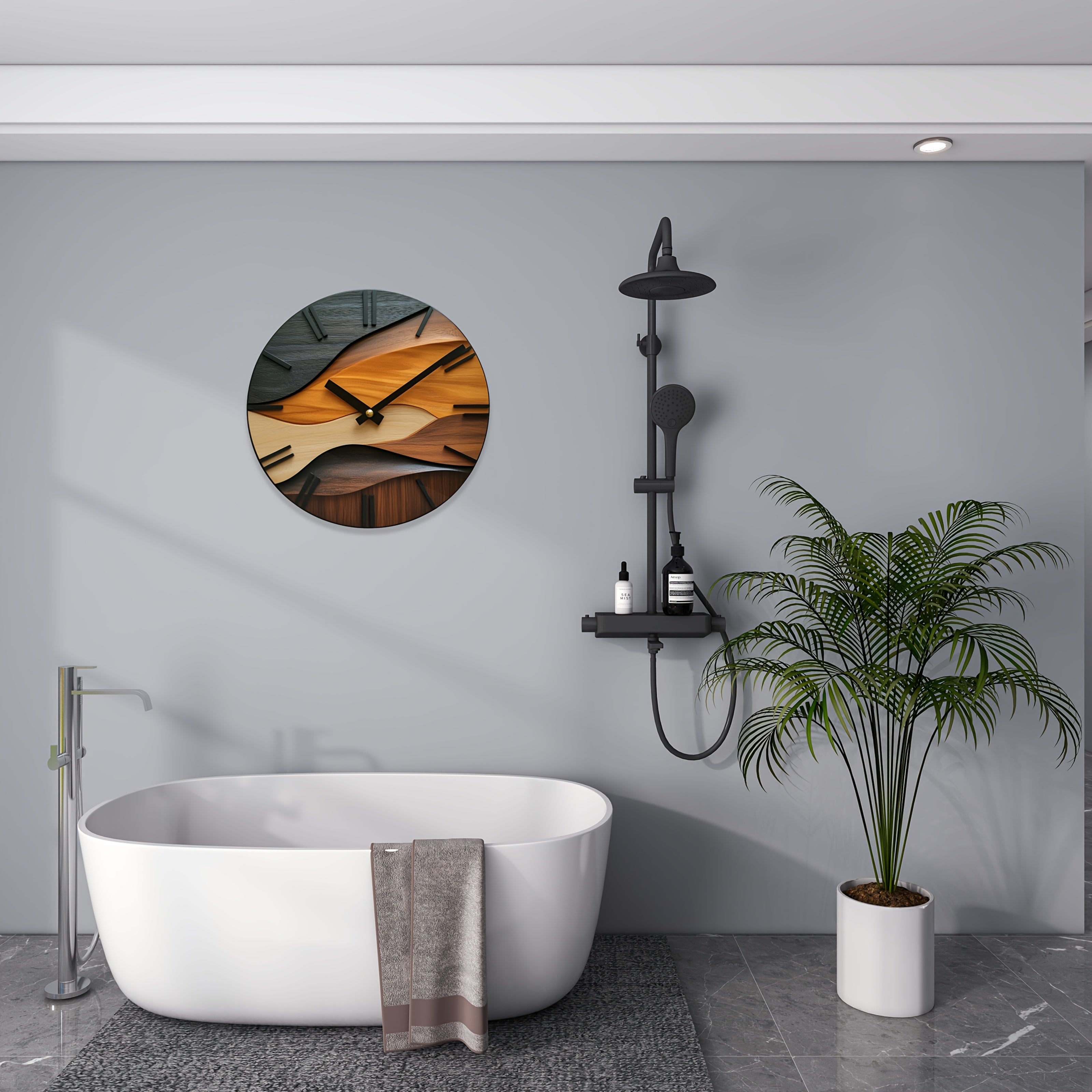 TimeRipple | 12″ Artistieke Ronde Glazen Wandklok - Scandinavisch Houtnerf-Gegolfd Ontwerp, 3 mm Gehard Glas Decor