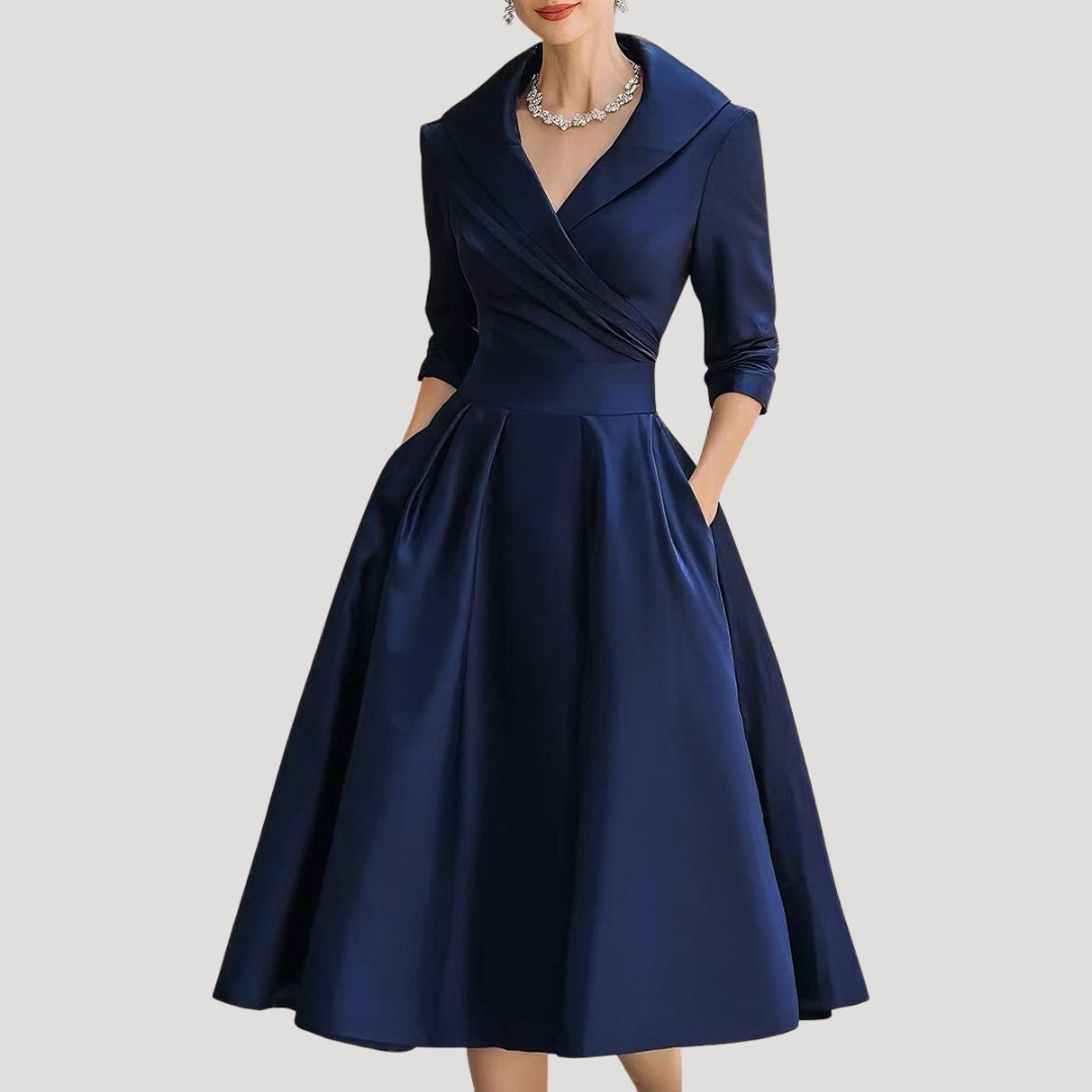 Aria | Klassieke midi-wikkeljurk voor dames – Elegant model met V-hals en lange mouwen