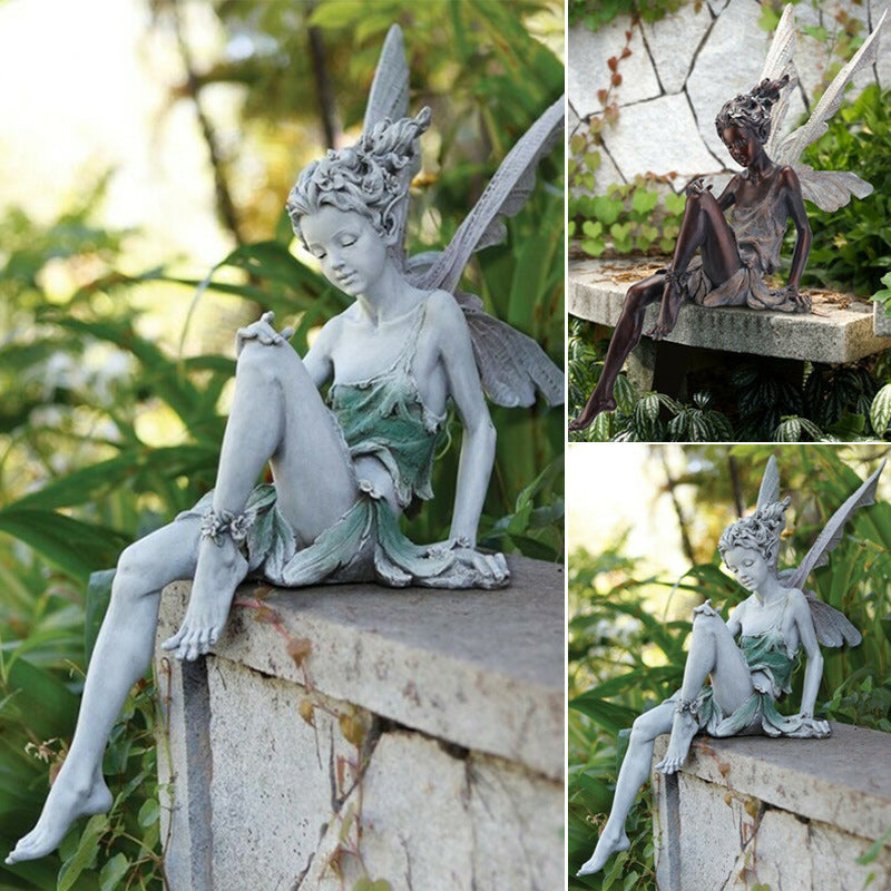 PixiePerch | Zittend feeënbeeldje voor in de tuin – Decoratief beeldje voor buiten, speelse fee van kunsthars