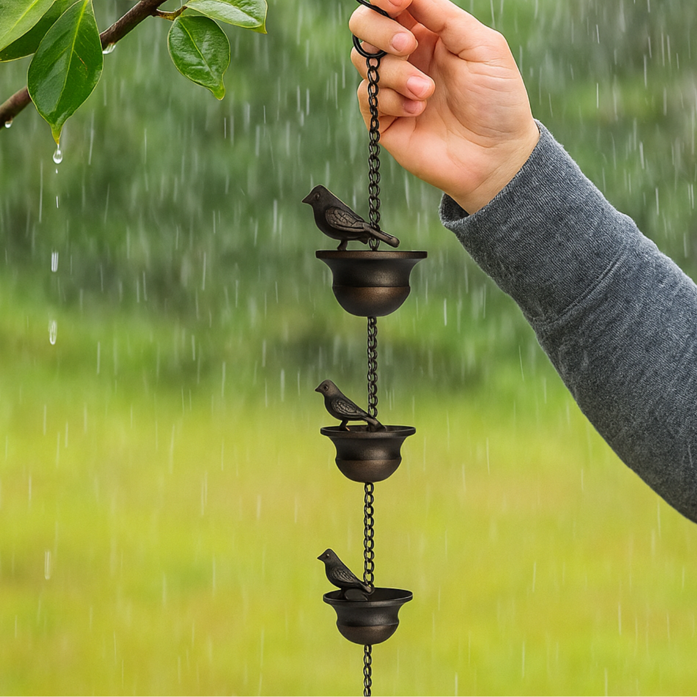 RainPerch | Metalen Vogelregenketting - Hangend Regenornament voor Buiten met Koppen & Vogels