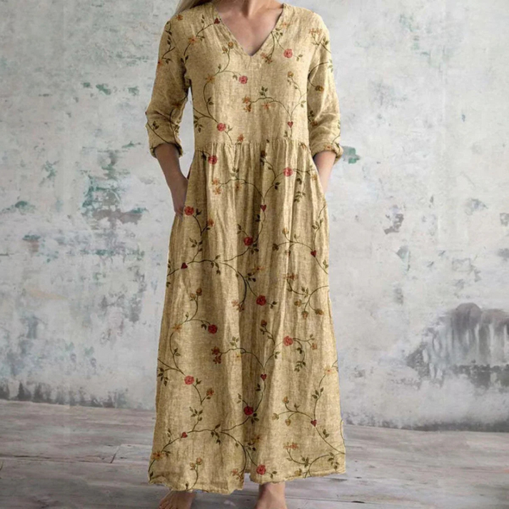 Veda | Vintage maxi-jurk met bloemenprint – Elegante, casual zomerjurk met V-hals voor dames