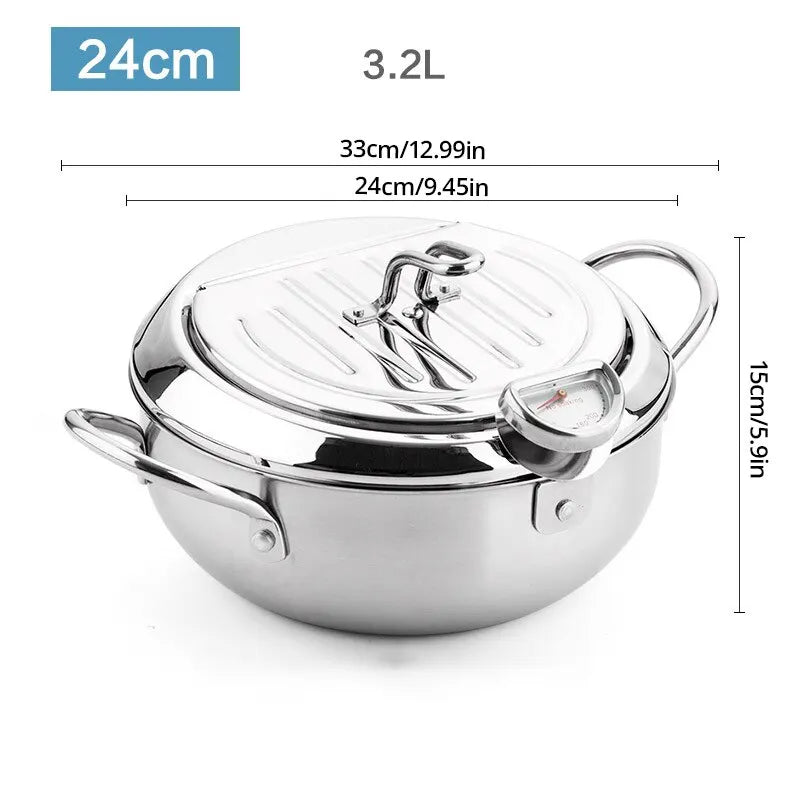 FryKitsu | Frituurpan met Thermometer - Roestvrijstalen Tempura Pan met Deksel, Olie Controle