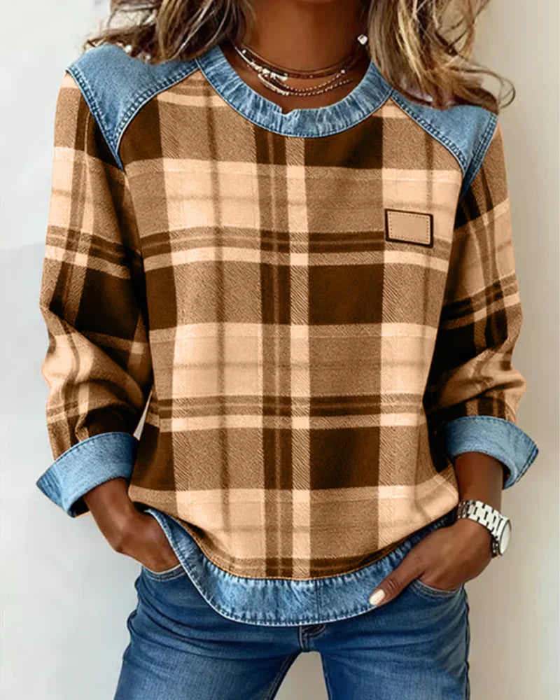 Elvarielle | Dames Geruite Trui – Denim Patchwork Gebreide Casual Trui met Lange Mouwen