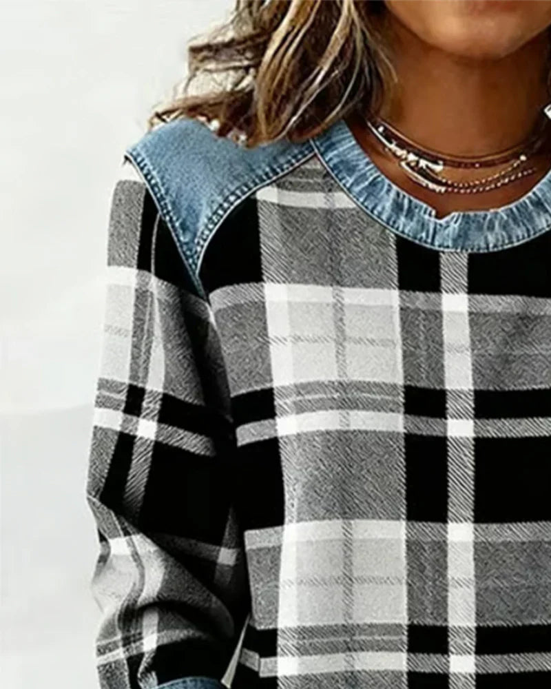 Elvarielle | Dames Geruite Trui – Denim Patchwork Gebreide Casual Trui met Lange Mouwen