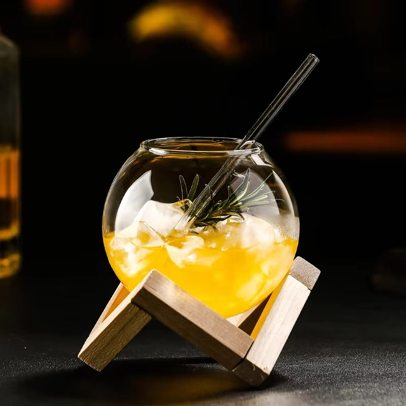 OrbDrink | 500ml bolglas met houten standaard, creatief uniek drinkglas