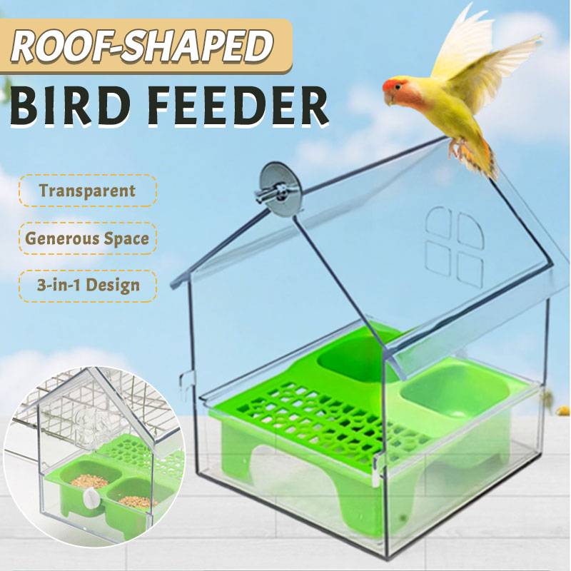 PerchHouse | Vogelvoederstation met dak, transparante 3-in-1 voederbak, bad en waterbak voor kooi of balkon