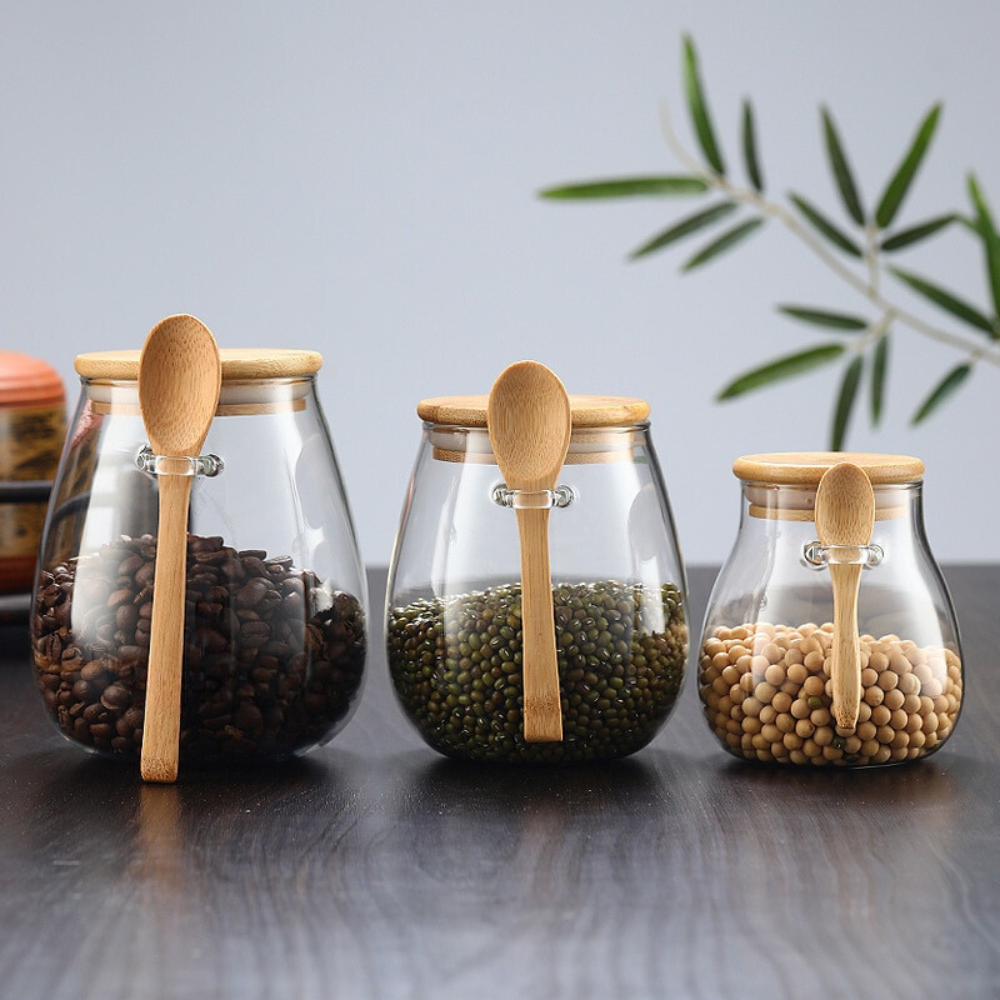 JarZen | Glazen Pot met Houten Bamboe Deksel en Lepel – Keukenopslagcontainer, Luchtdichte