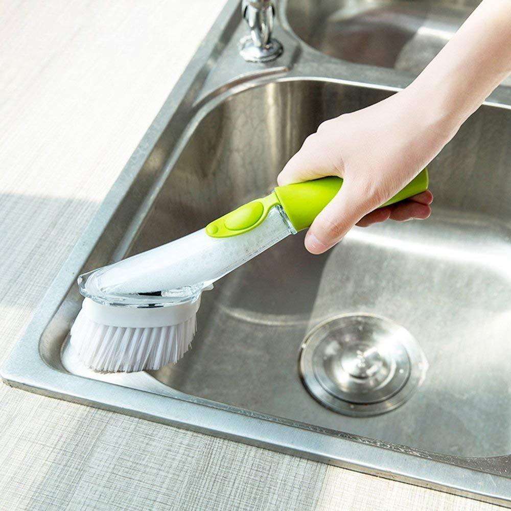 QuickClean | Ergonomische afwasborstel met ingebouwde zeepdispenser – vervangbare sponskop, antisliphandvat