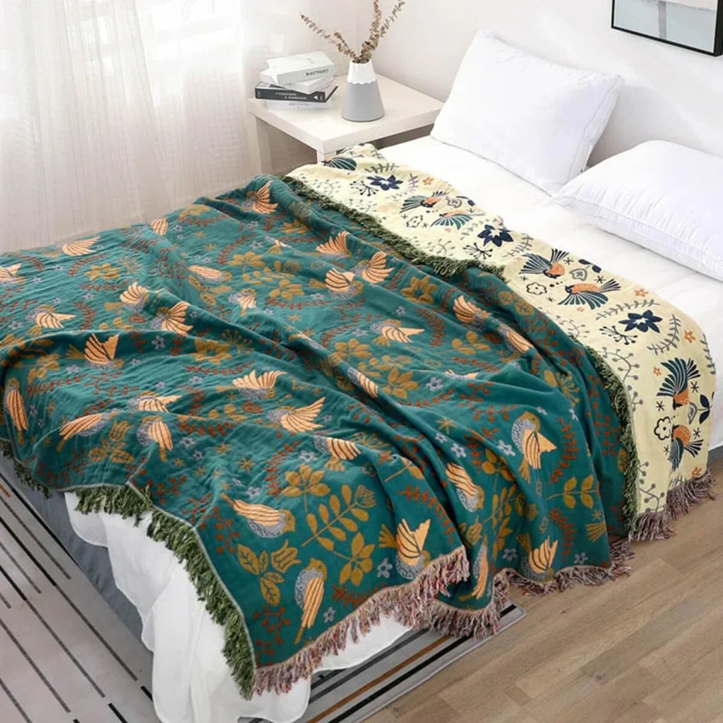 NestleBlanket | Omkeerbare deken met Scandinavisch vogelpatroon – Zacht, knus, boho-stijl