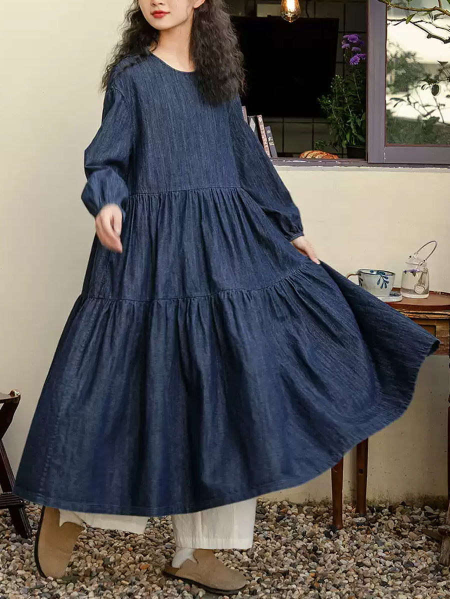 Veyria | Dames denim jurk met losse pasvorm, lange mouwen, casual lentjurk