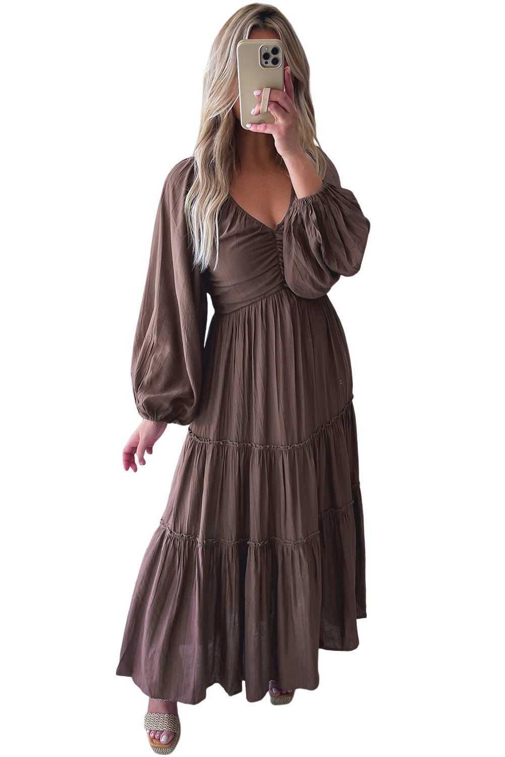 Sinae | Dames V-hals Maxi Jurk met Cut-Out – Boho Avondjurk met Strikdetail en Franjes