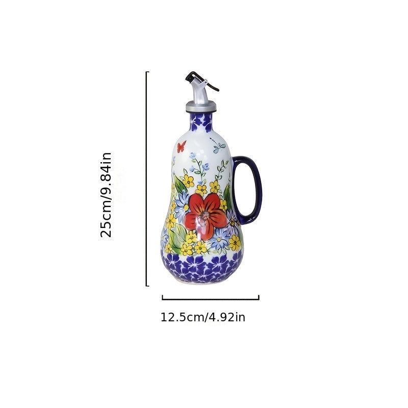 OlivaBloom | Handbeschilderde Olijfoliefles, Elegante Keuken Oliefles, Bloemmotief