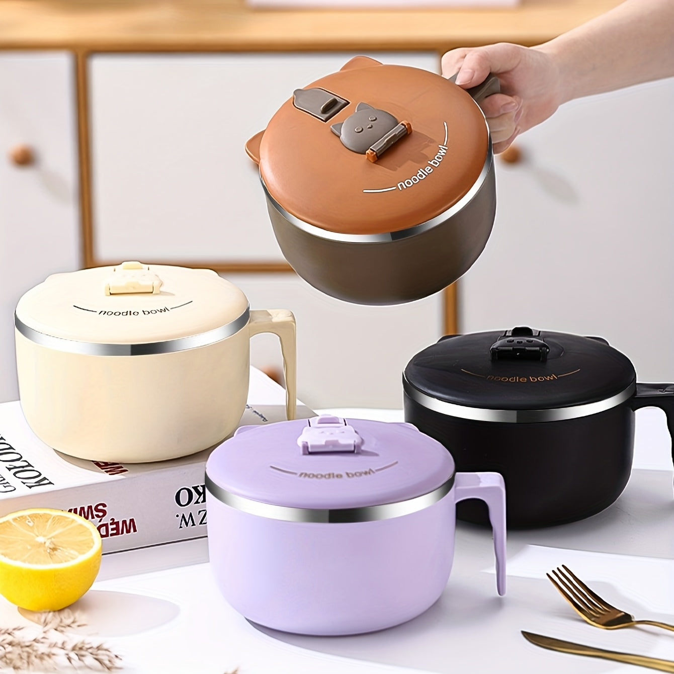 Bowluxe | 1300 ml roestvrijstalen noedelkom met deksel – geïsoleerde soep- en voedselcontainer