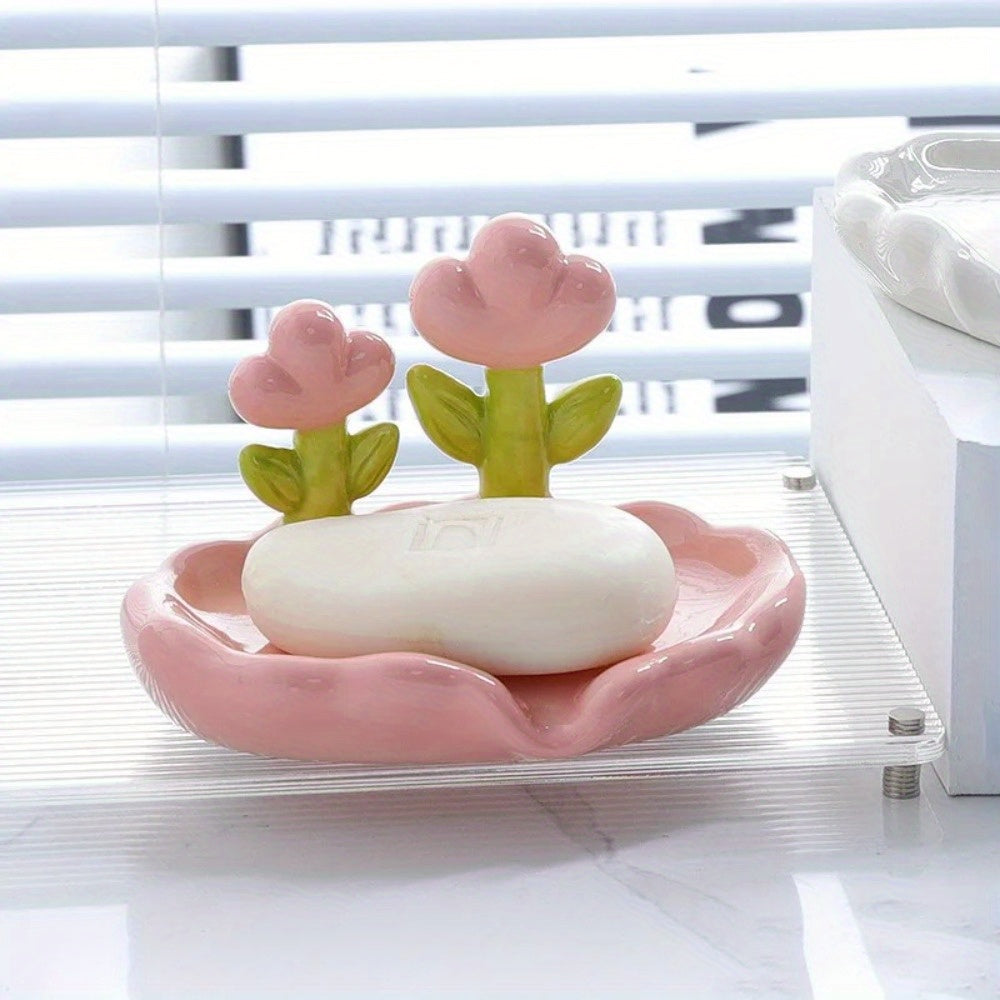 FloraDrain | Zachtroze & Mintgroene Bloemen Zeepbak – Antislip Bodem, Zelfafvoerend Ontwerp