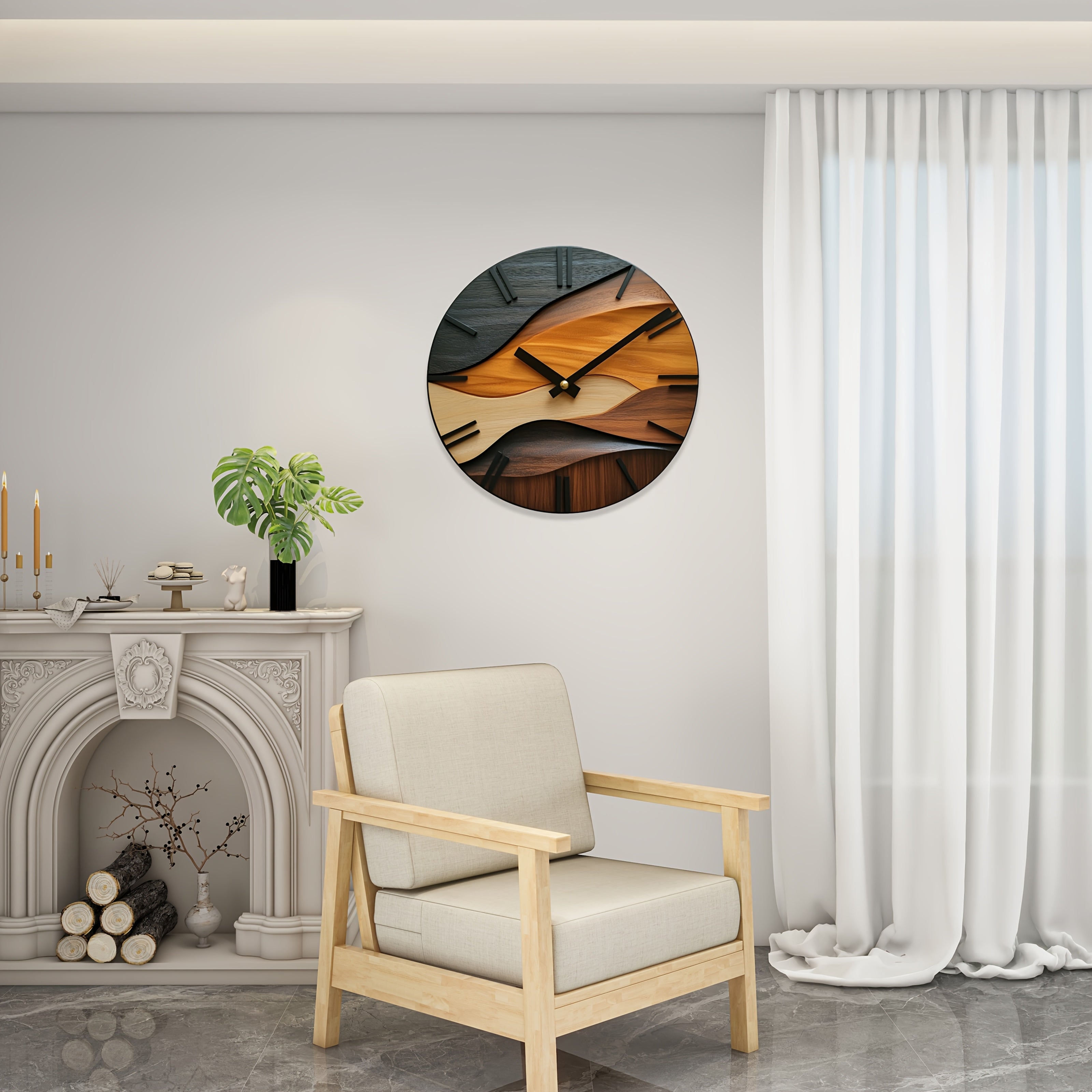 TimeRipple | 12″ Artistieke Ronde Glazen Wandklok - Scandinavisch Houtnerf-Gegolfd Ontwerp, 3 mm Gehard Glas Decor