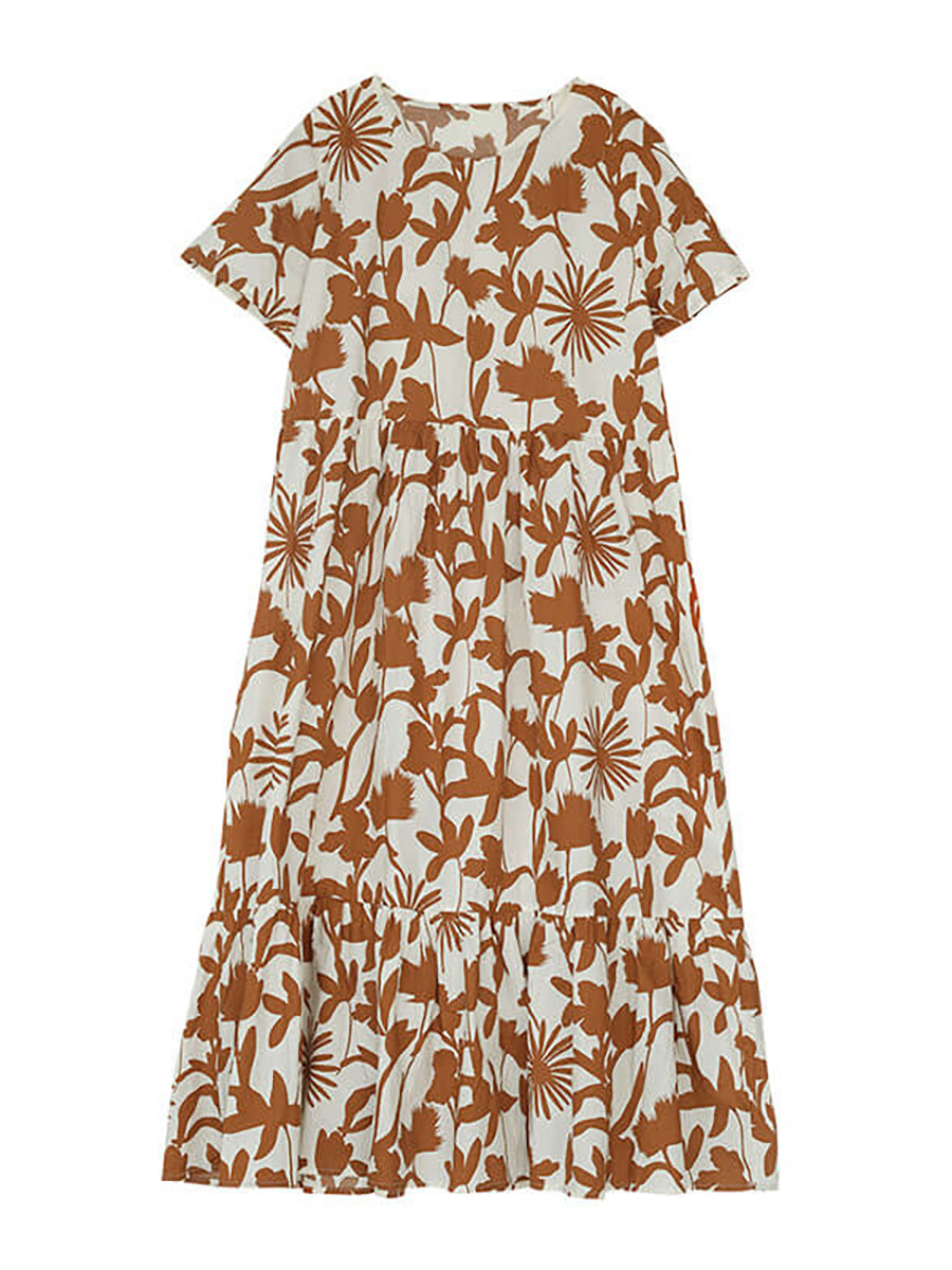 Liorae | Katoenen midi-jurk met bloemenprint voor dames – ronde hals, korte mouwen