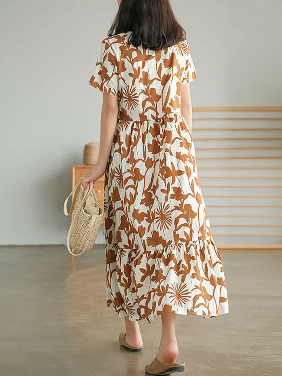Liorae | Katoenen midi-jurk met bloemenprint voor dames – ronde hals, korte mouwen