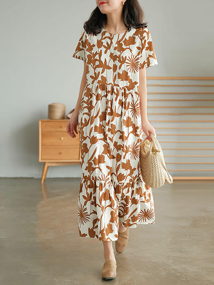 Liorae | Katoenen midi-jurk met bloemenprint voor dames – ronde hals, korte mouwen