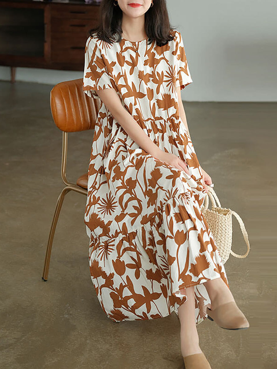 Liorae | Katoenen midi-jurk met bloemenprint voor dames – ronde hals, korte mouwen