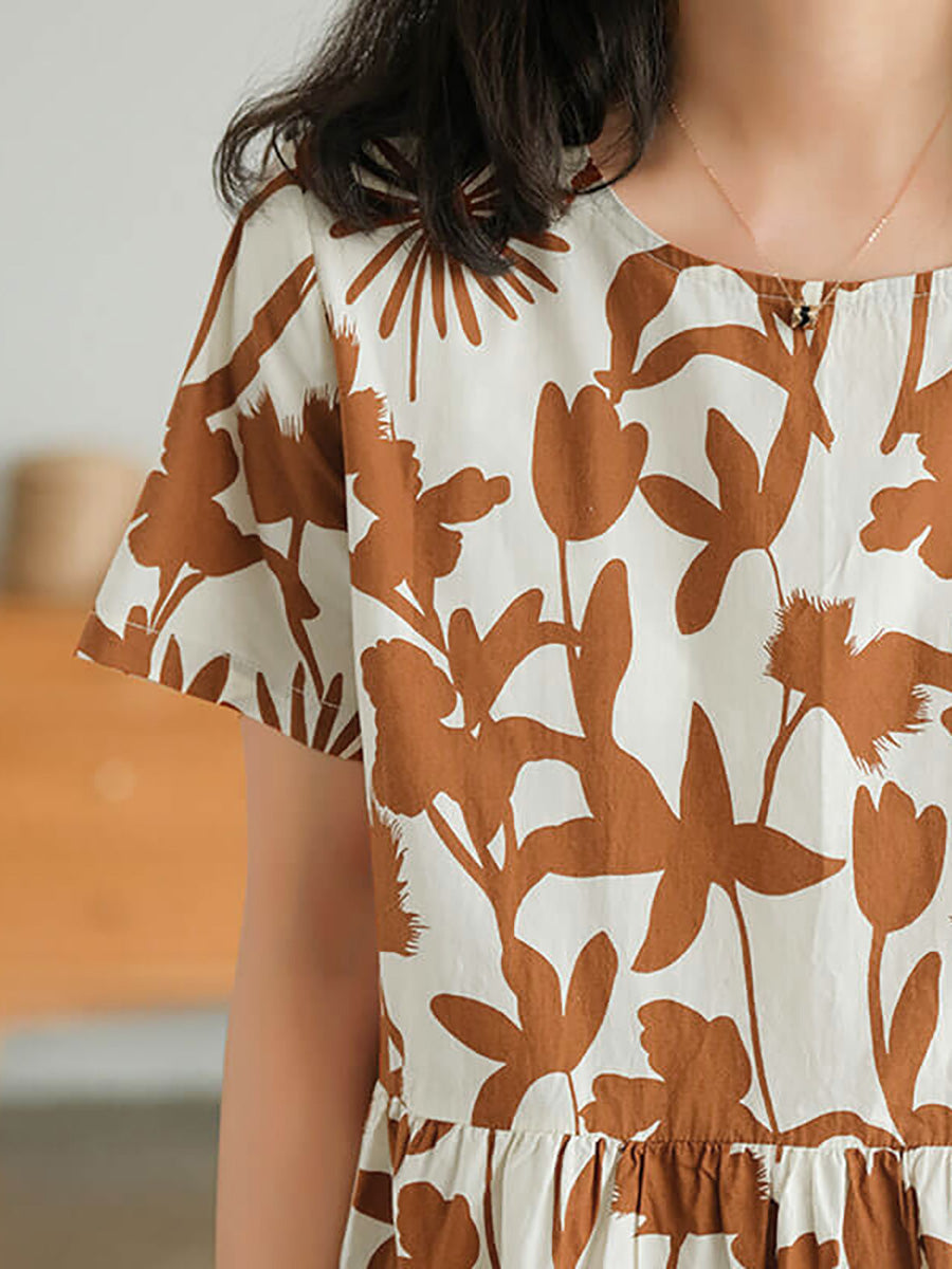 Liorae | Katoenen midi-jurk met bloemenprint voor dames – ronde hals, korte mouwen