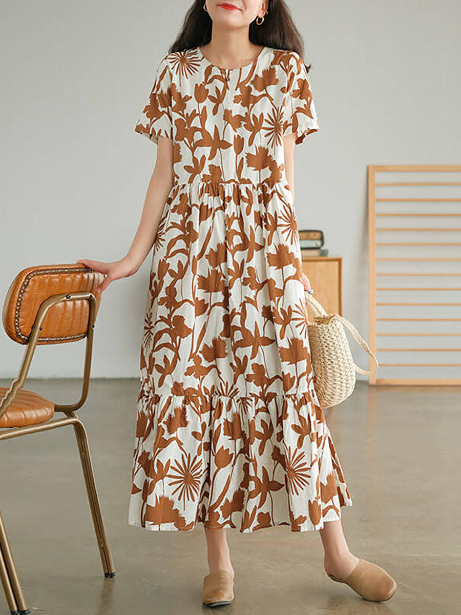 Liorae | Katoenen midi-jurk met bloemenprint voor dames – ronde hals, korte mouwen