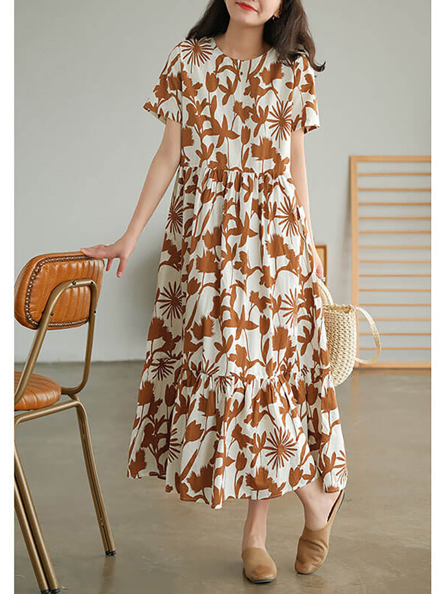 Liorae | Katoenen midi-jurk met bloemenprint voor dames – ronde hals, korte mouwen