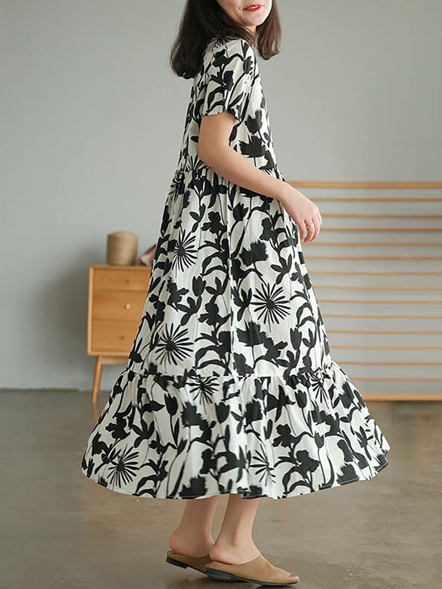 Liorae | Katoenen midi-jurk met bloemenprint voor dames – ronde hals, korte mouwen