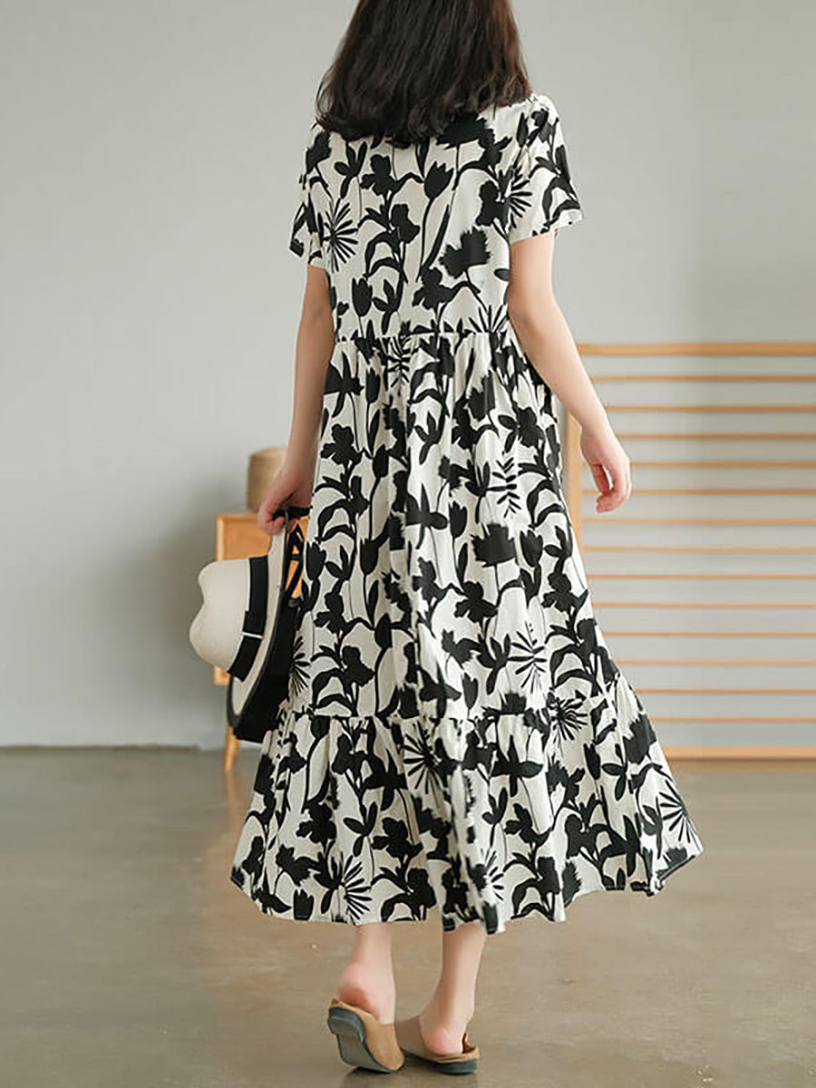 Liorae | Katoenen midi-jurk met bloemenprint voor dames – ronde hals, korte mouwen