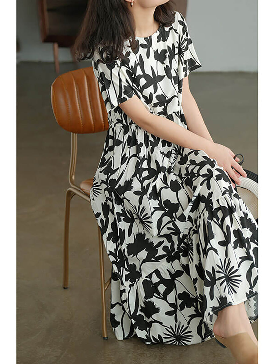 Liorae | Katoenen midi-jurk met bloemenprint voor dames – ronde hals, korte mouwen