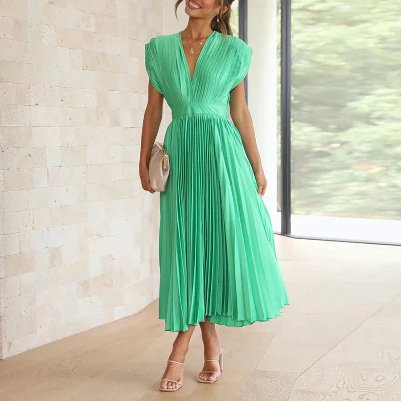 Norevyn | Elegante dames geplooide maxi jurk – Zwierige lange jurk met V-hals