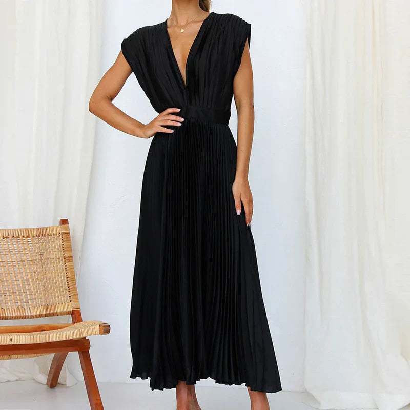Norevyn | Elegante dames geplooide maxi jurk – Zwierige lange jurk met V-hals