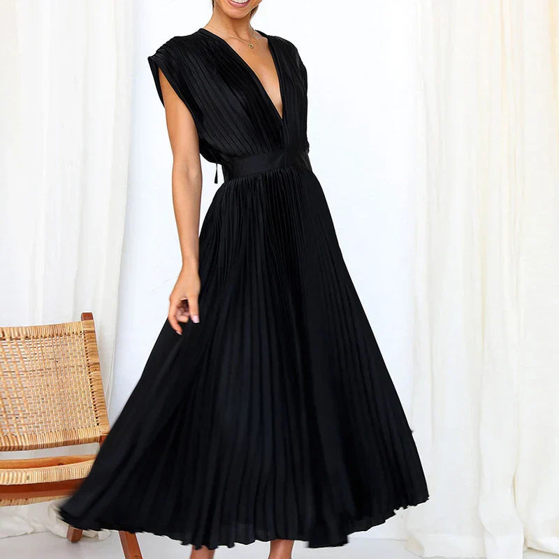 Norevyn | Elegante dames geplooide maxi jurk – Zwierige lange jurk met V-hals