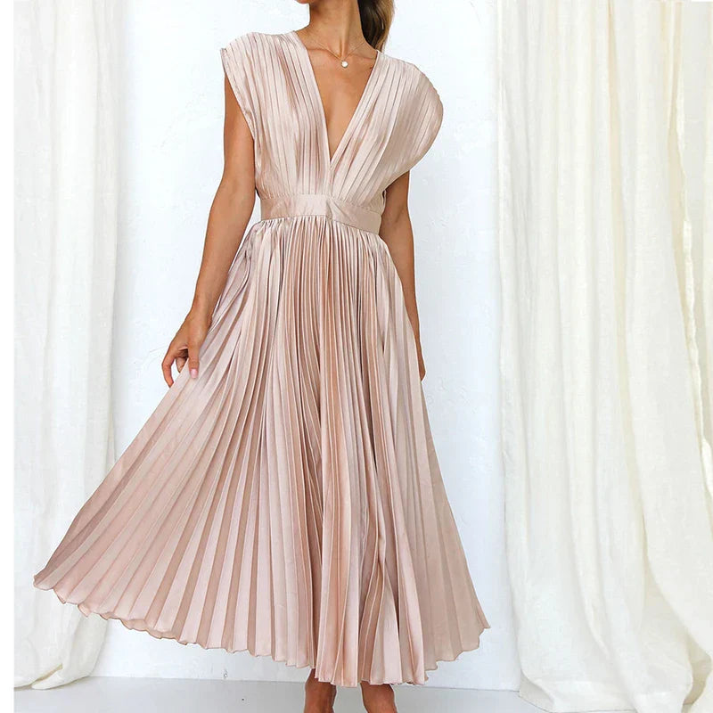 Norevyn | Elegante dames geplooide maxi jurk – Zwierige lange jurk met V-hals