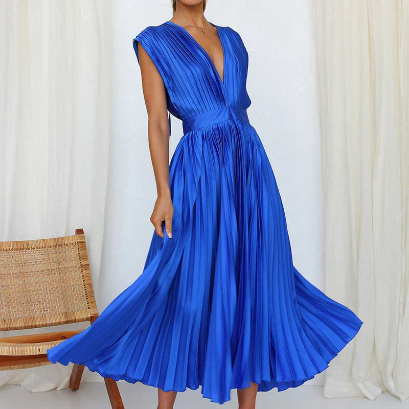 Norevyn | Elegante dames geplooide maxi jurk – Zwierige lange jurk met V-hals
