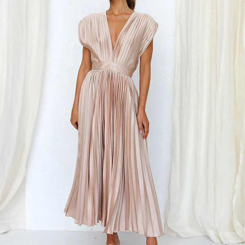Norevyn | Elegante dames geplooide maxi jurk – Zwierige lange jurk met V-hals